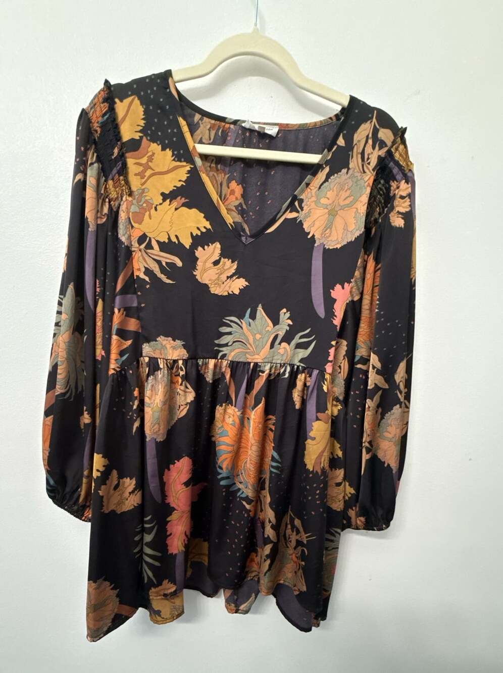 Chic Soul Black Floral V-Neck Long Puff Sleeve Babydoll Blouse Size XL boho